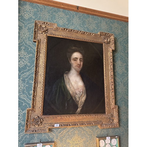 281 - 18th C. Portrait of Lady mounted in gilt wood frame. {100 cm H x 86 cm W}.