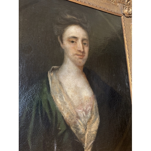 281 - 18th C. Portrait of Lady mounted in gilt wood frame. {100 cm H x 86 cm W}.