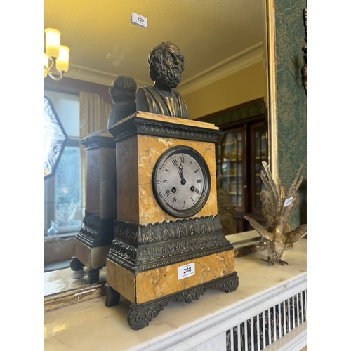 288 - 19th C. Sienna marble and bronze three piece clock garniture surmounted by Homer. Clock {50 cm h x 2... 