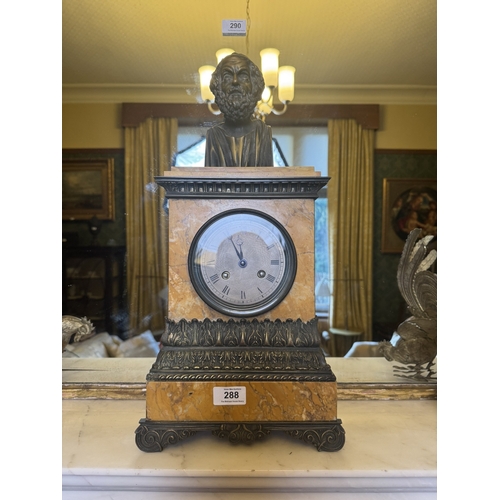 288 - 19th C. Sienna marble and bronze three piece clock garniture surmounted by Homer. Clock {50 cm h x 2... 