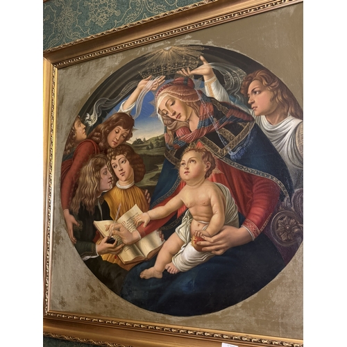 294 - Madonna and Child, Oil on Canvas,  mounted in giltwood frame. {96 cm H x 96 cm D}.