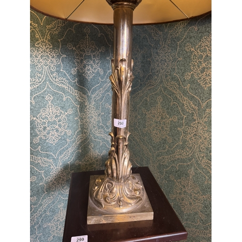 298 - Good quality embossed brass table lamp with cloth shade in the Rococo style. {76 cm H x 32 cm Dia.}.