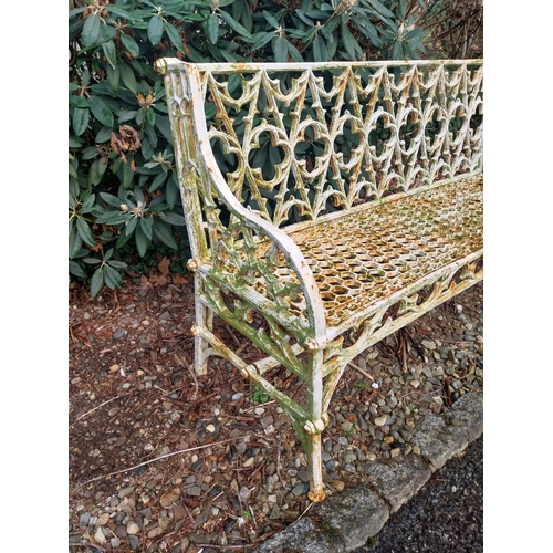 3 - Gothic cast iron three seater garden bench. {83 cm H x 136 cm W x 45 cm D}.