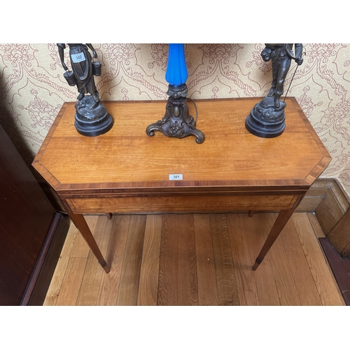 301 - 19th C. Satinwood crossbanded turn over leaf card table, raised on square tapered legs. {76 cm H x 9... 