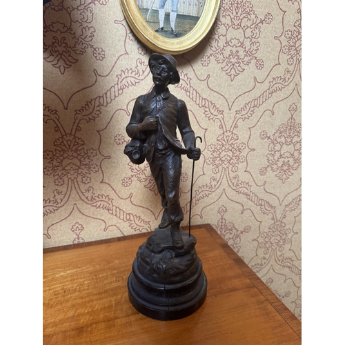 302 - Pair of early 20th C. spelter figures {36 cm H x 13 cm W x 13 cm D}.