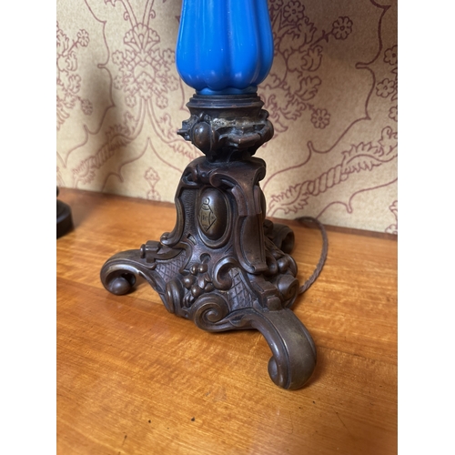 303 - 19th C. Bronze and blue glass table lamp with cloth shade. {68 cm H x 36 cm Dia.}.