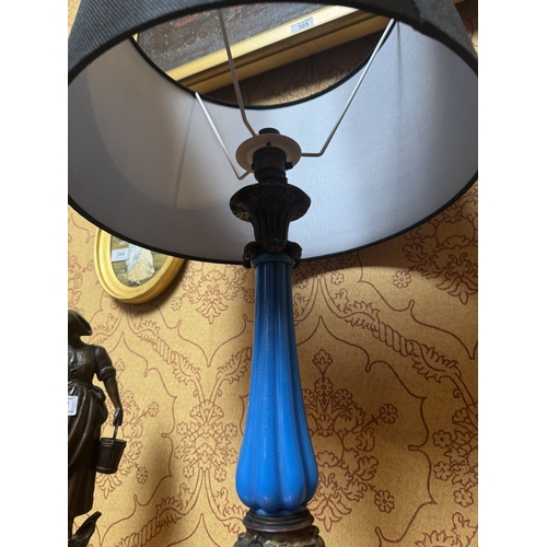 303 - 19th C. Bronze and blue glass table lamp with cloth shade. {68 cm H x 36 cm Dia.}.