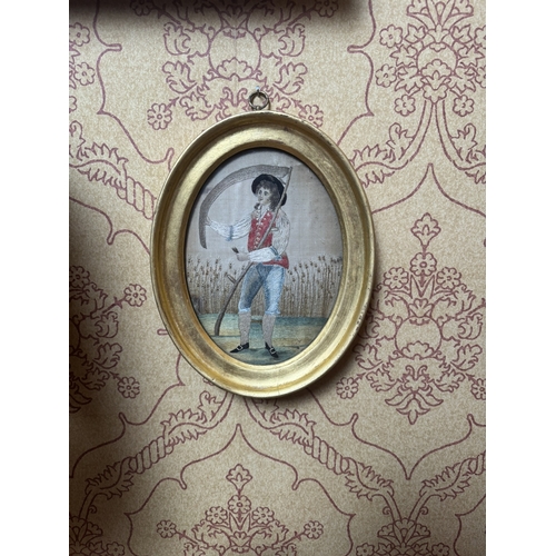 304 - Pair of 19th C. silk embroidered panels depicting Lady and Gentleman in giltwood frames {25 cm H x 2... 