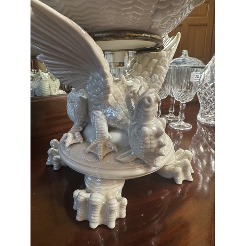 310 - 2nd. Period Belleek Dragon pattern tea pot on stand with damage to spout. {38 cm H x 27 cm W x 23 cm... 