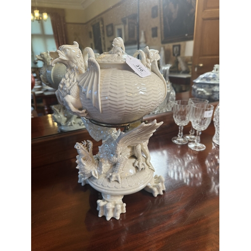 310 - 2nd. Period Belleek Dragon pattern tea pot on stand with damage to spout. {38 cm H x 27 cm W x 23 cm... 