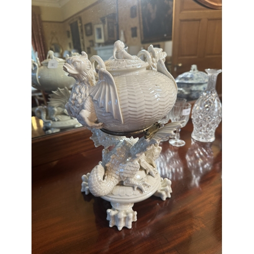 310 - 2nd. Period Belleek Dragon pattern tea pot on stand with damage to spout. {38 cm H x 27 cm W x 23 cm... 