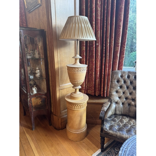 319 - Rare pair of early 20th C. Grand Tour carved plaster urns on pedestals converted to lamps. {160 cm H... 