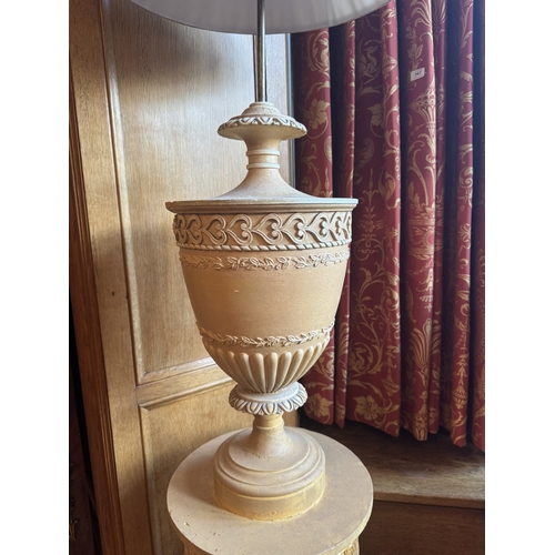 319 - Rare pair of early 20th C. Grand Tour carved plaster urns on pedestals converted to lamps. {160 cm H... 