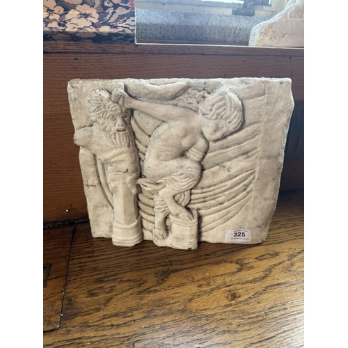 325 - Grecian hand carved marble plaque. {24 cm H x 28 cm W x 6 cm D}.