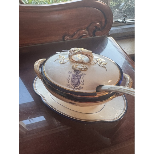 341 - 2nd. Period Belleek Tureen,  Ladle and dish with Bishop�s crest inscribed Am Jesum Per Marian. {15 c... 