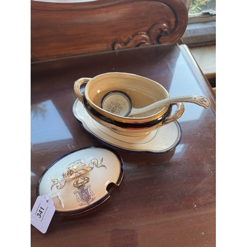 341 - 2nd. Period Belleek Tureen,  Ladle and dish with Bishop�s crest inscribed Am Jesum Per Marian. {15 c... 