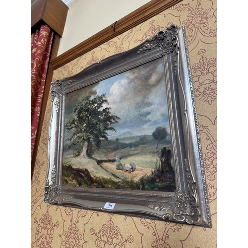 346 - Early 20th C. Country Scene, Oil on Board, mounted on silvered gilt frame. {58 cm H x 65 cm W}.