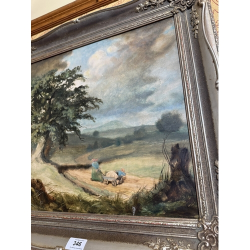 346 - Early 20th C. Country Scene, Oil on Board, mounted on silvered gilt frame. {58 cm H x 65 cm W}.