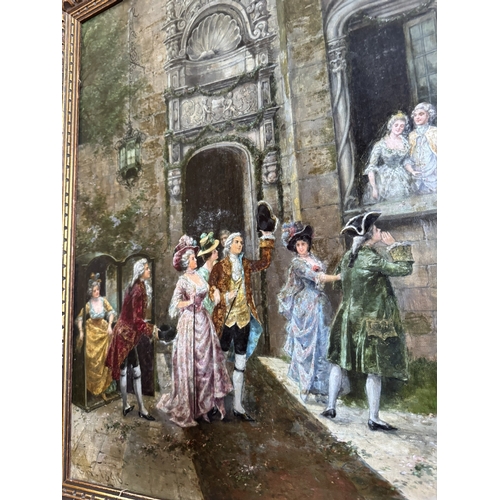 351 - 19th C. French  City scene, Oil on Canvas,  mounted in gilt frame. {74 cm H x 58 cm W}.