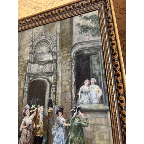 351 - 19th C. French  City scene, Oil on Canvas,  mounted in gilt frame. {74 cm H x 58 cm W}.