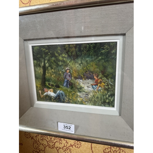 352 - Maeve Taylor River Scene Oil on canvas, mounted in gilt frame. {28 cm H x 33 cm W}.