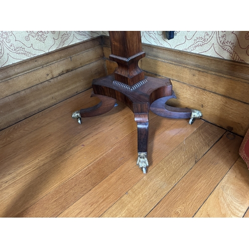 365 - Good quality 19th C. Rosewood turn over leaf games table, raised on square column and four outswept ... 