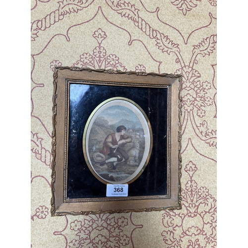 368 - Two 19th C. Shepherd with flute and Mother & Child coloured prints mounted in giltwood frames {24 cm... 