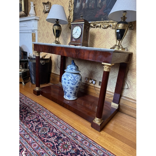 373 - 19th C. French flamed mahogany and gilded console table with marble top. {98 cm H x 149 cm W x71 cm ... 