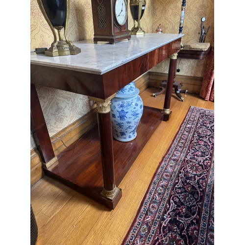 373 - 19th C. French flamed mahogany and gilded console table with marble top. {98 cm H x 149 cm W x71 cm ... 