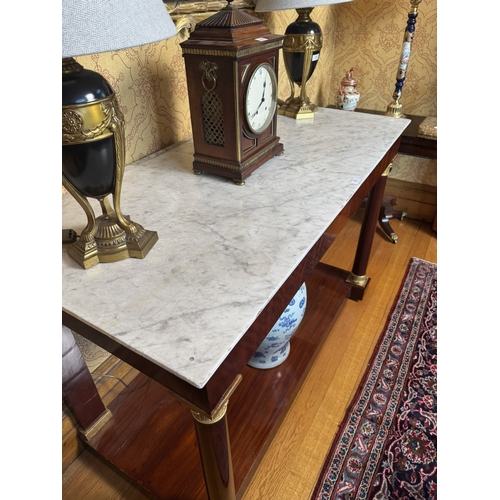 373 - 19th C. French flamed mahogany and gilded console table with marble top. {98 cm H x 149 cm W x71 cm ... 