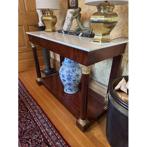 374 - 19th C. French flamed mahogany and gilded console table with marble top. {97 cm H x 138 cm W  x 64  ... 