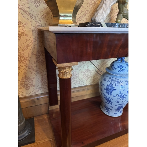 374 - 19th C. French flamed mahogany and gilded console table with marble top. {97 cm H x 138 cm W  x 64  ... 