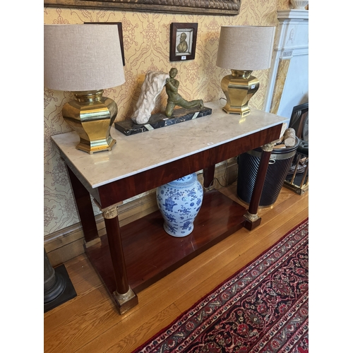 374 - 19th C. French flamed mahogany and gilded console table with marble top. {97 cm H x 138 cm W  x 64  ... 