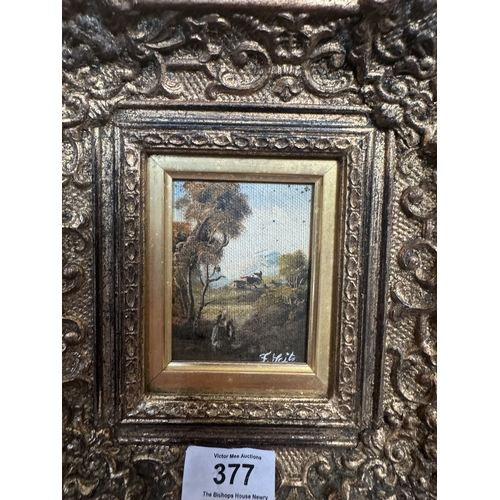 377 - 19th C. German Woodland scene, Oil on Board, mounted in gilt frame. {22 cm H x 20 cm W}.