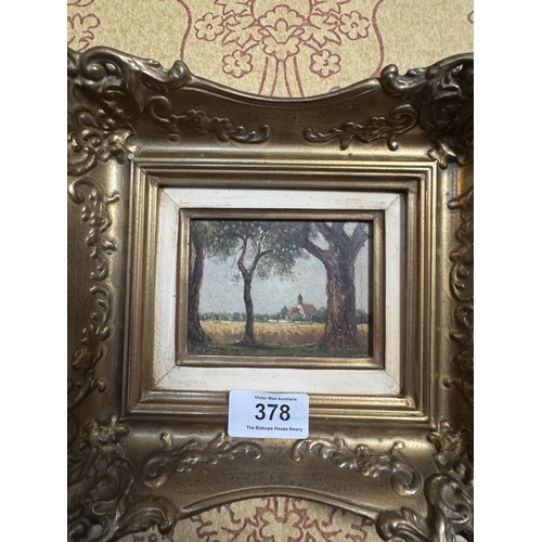 378 - 19th C. German Countryside scene, Oil on Board, mounted in gilt frame. {21 cm H x 23 cm W}.