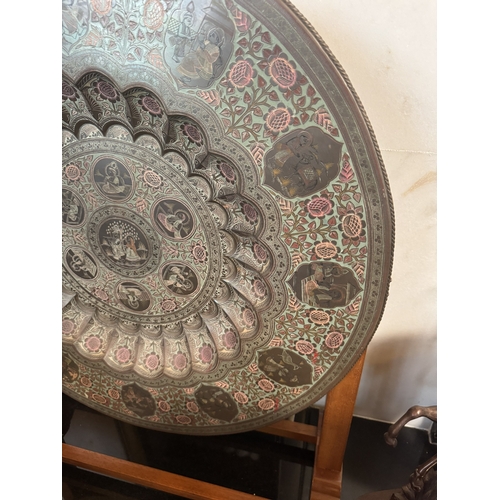 381 - 19th C etched bronze and enamelled Indian centre bowl, mounted on mahogany stand. Plate {76 cm Dia} ... 