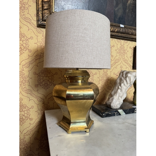 392 - Pair of Edwardian brass table lamps with cloth shades. {54 cm H x 34 cm Dia.}.