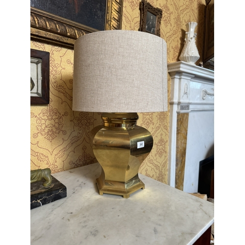 392 - Pair of Edwardian brass table lamps with cloth shades. {54 cm H x 34 cm Dia.}.