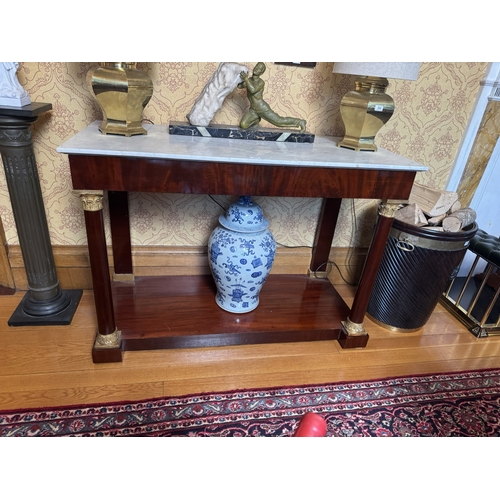 392 - Pair of Edwardian brass table lamps with cloth shades. {54 cm H x 34 cm Dia.}.