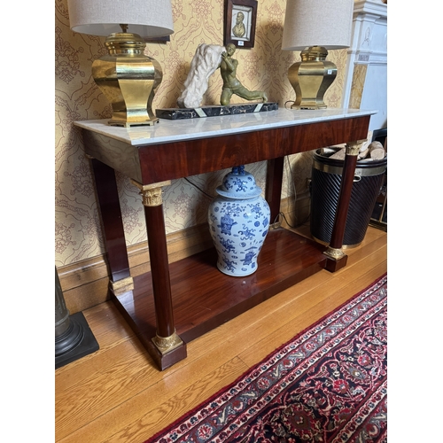 392 - Pair of Edwardian brass table lamps with cloth shades. {54 cm H x 34 cm Dia.}.