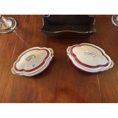 403 - Pair of 1st. period Belleek tureens. {14 cm H x 29 cm W x 17 cm D}.