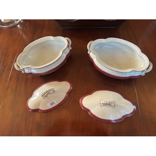 403 - Pair of 1st. period Belleek tureens. {14 cm H x 29 cm W x 17 cm D}.