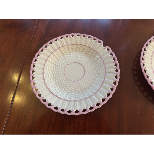 416 - Three 2nd. Period Belleek Belleek Basket ware plates with damage. {22 cm Dia.}.