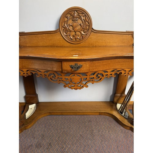 446 - 19th C oak hall console table and stick stand with carved gallery back,raised  on cabriole legs. {14... 