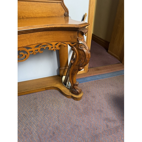 446 - 19th C oak hall console table and stick stand with carved gallery back,raised  on cabriole legs. {14... 