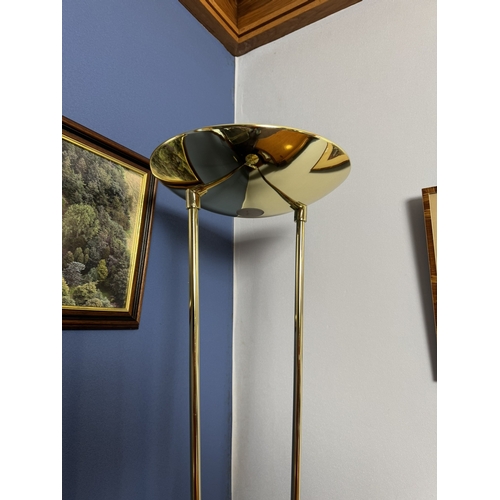 448 - Vintage brass uplighter standard lamp. {184 cm H x 32 cm Dia.}