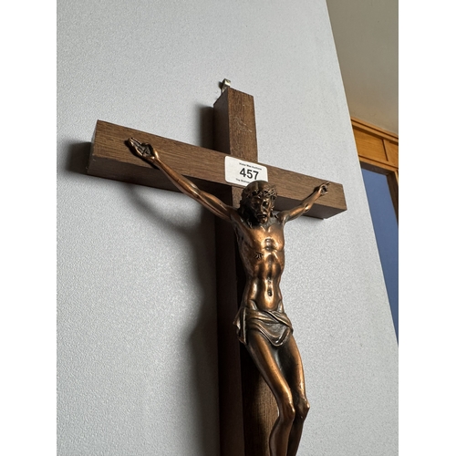 457 - Vintage copper and oak crucifix. {37 cm H x 21 cm x 7 cm D}.