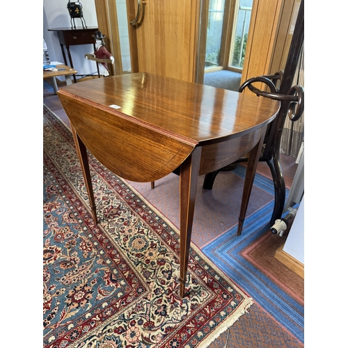 461 - 19th C. Mahogany and satinwood inlaid drop leaf side table, raised on square tapered legs. {70 cm H ... 