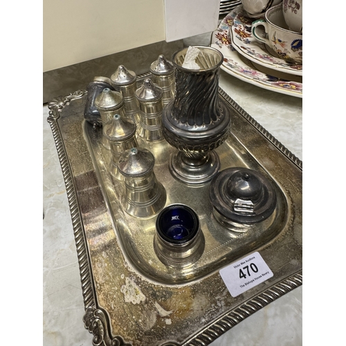 470 - Early 20th C. Silver plate serving tray and miscellanous salt shakers. {35 cm H x 24 cm W}.