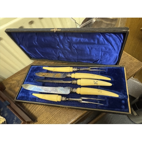 475 - Early 20th C. Cased silver plate cutlery set, cased carving set, cased fish knife and fork and box o... 